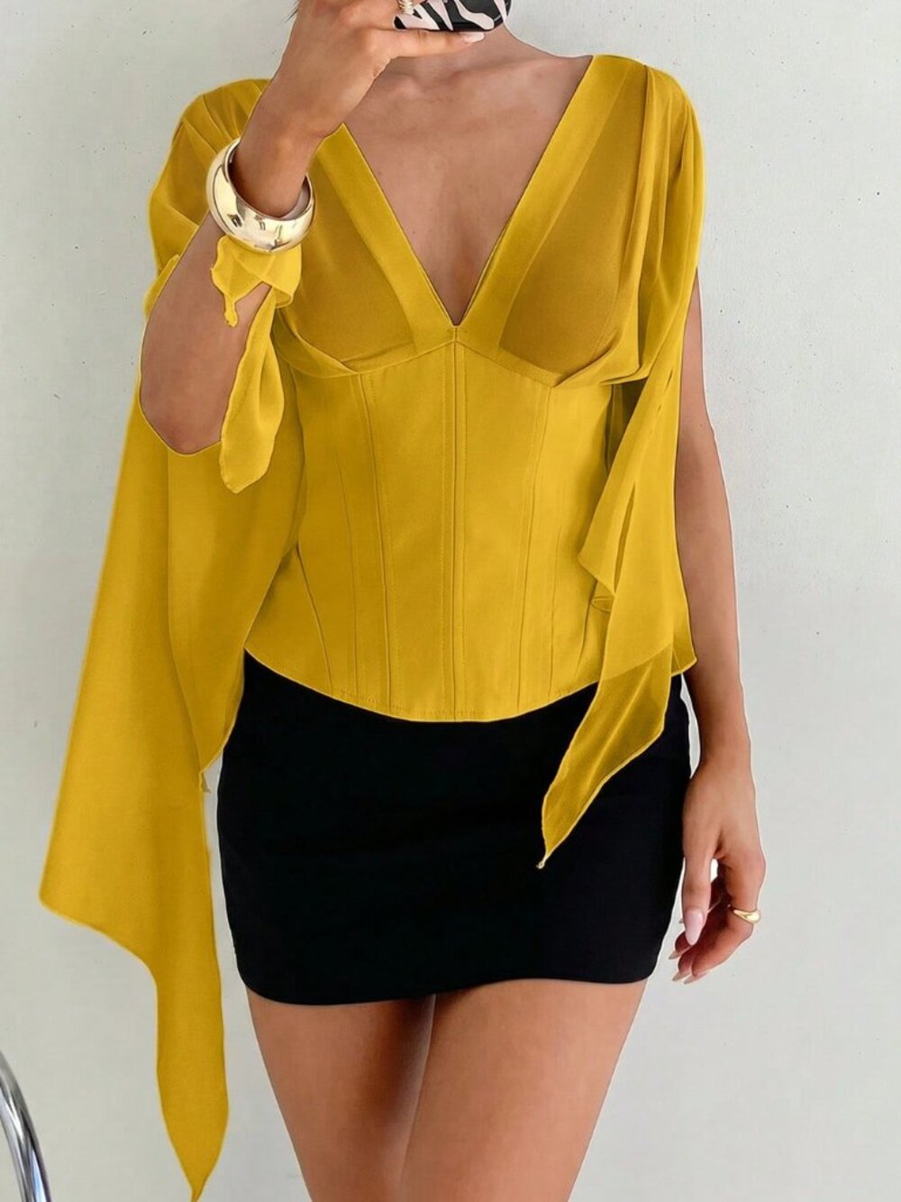 Yellow Casual Women's Elegant Wedding Bustier Shrug Shirt - Picture 9 of 9